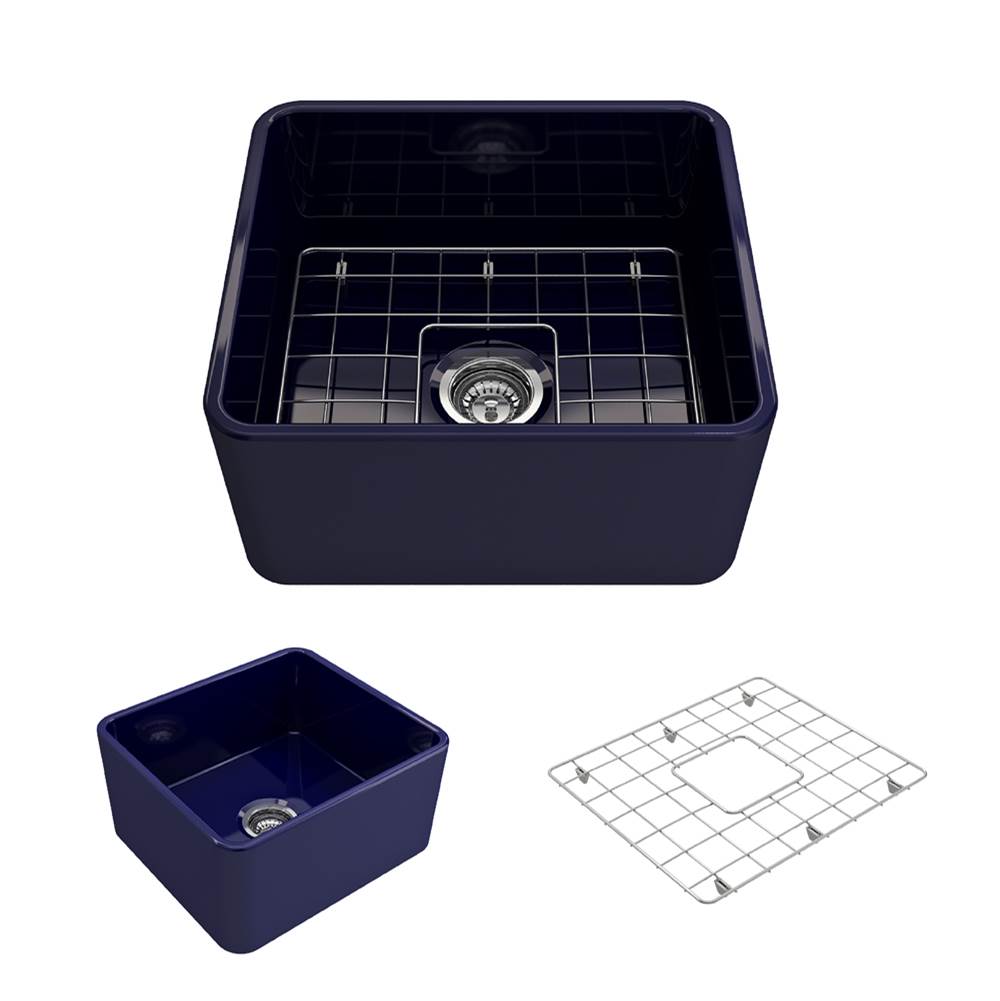 BOCCHI Classico Farmhouse Apron Front Fireclay 20 in. Single Bowl Kitchen Sink with Protective Bottom Grid and Strainer in Sapphire Blue