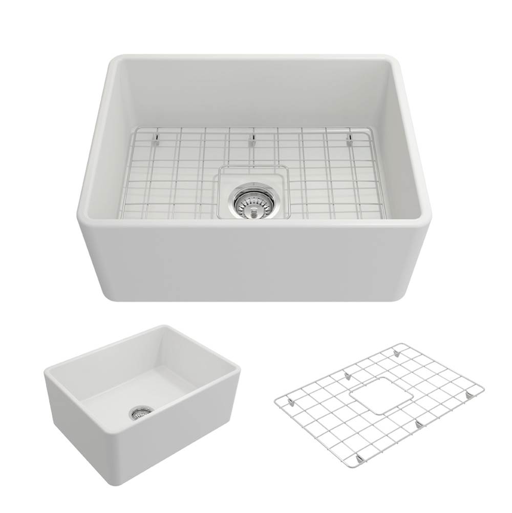 BOCCHI Classico Farmhouse Apron Front Fireclay 24 in. Single Bowl Kitchen Sink with Protective Bottom Grid and Strainer in Matte White