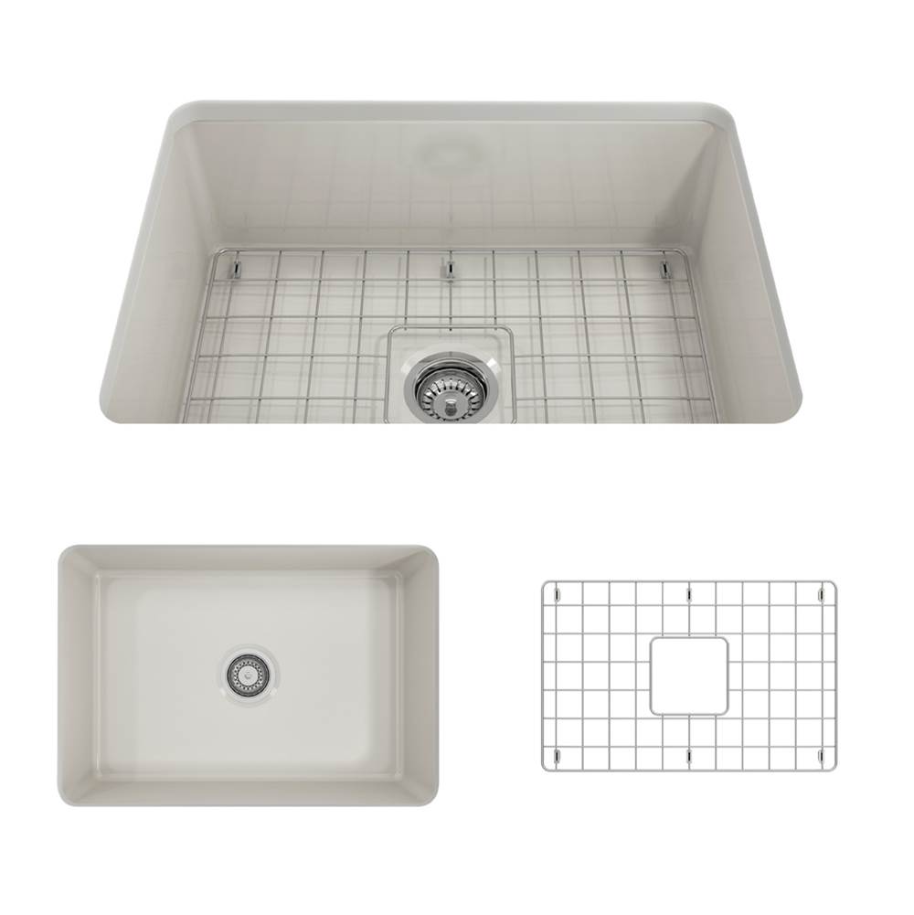 BOCCHI Sotto Dual-mount Fireclay 27 in. Single Bowl Kitchen Sink with Protective Bottom Grid and Strainer in Biscuit