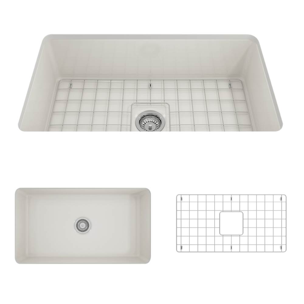 BOCCHI Sotto Dual-mount Fireclay 32 in. Single Bowl Kitchen Sink with Protective Bottom Grid and Strainer in Biscuit