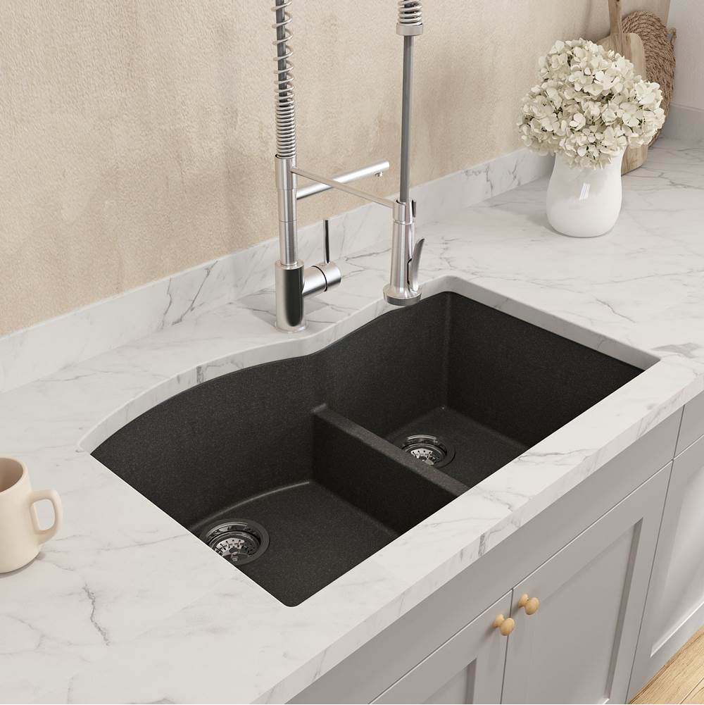 BOCCHI Campino Duo Dual Mount Granite Composite 33 in. 60/40 Double Bowl Kitchen Sink with Strainers in Metallic Black