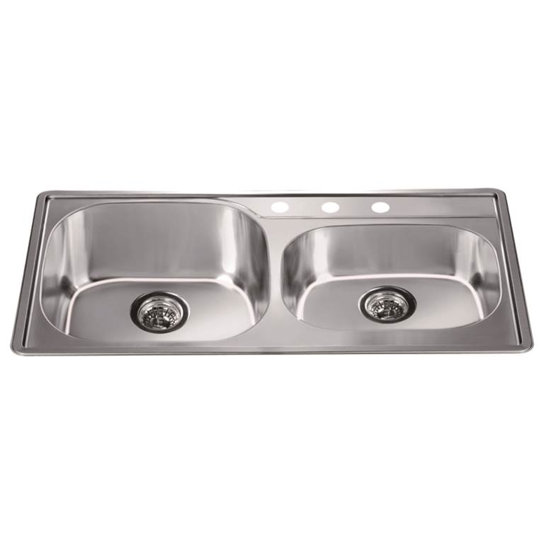 Dawn Top Mount Double Bowl (Small Bowl On Right), 20G: 34-1/4''L X  19-11/16''W X 7-1/2''D (Outside)