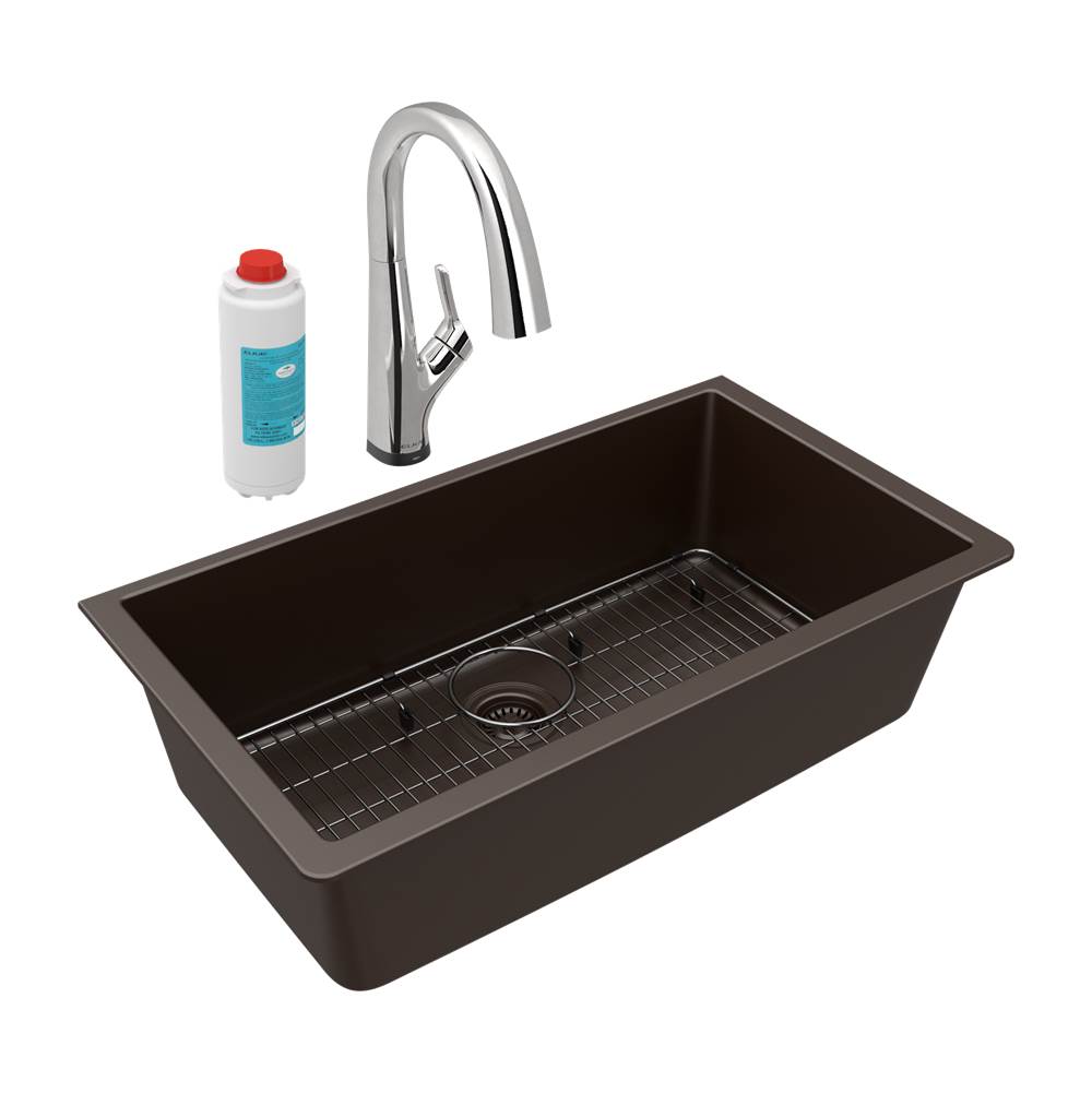 Elkay Quartz Classic 33'' x 18-7/16'' x 9-7/16'', Single Bowl Undermount Sink Kit with Filtered Faucet, Mocha