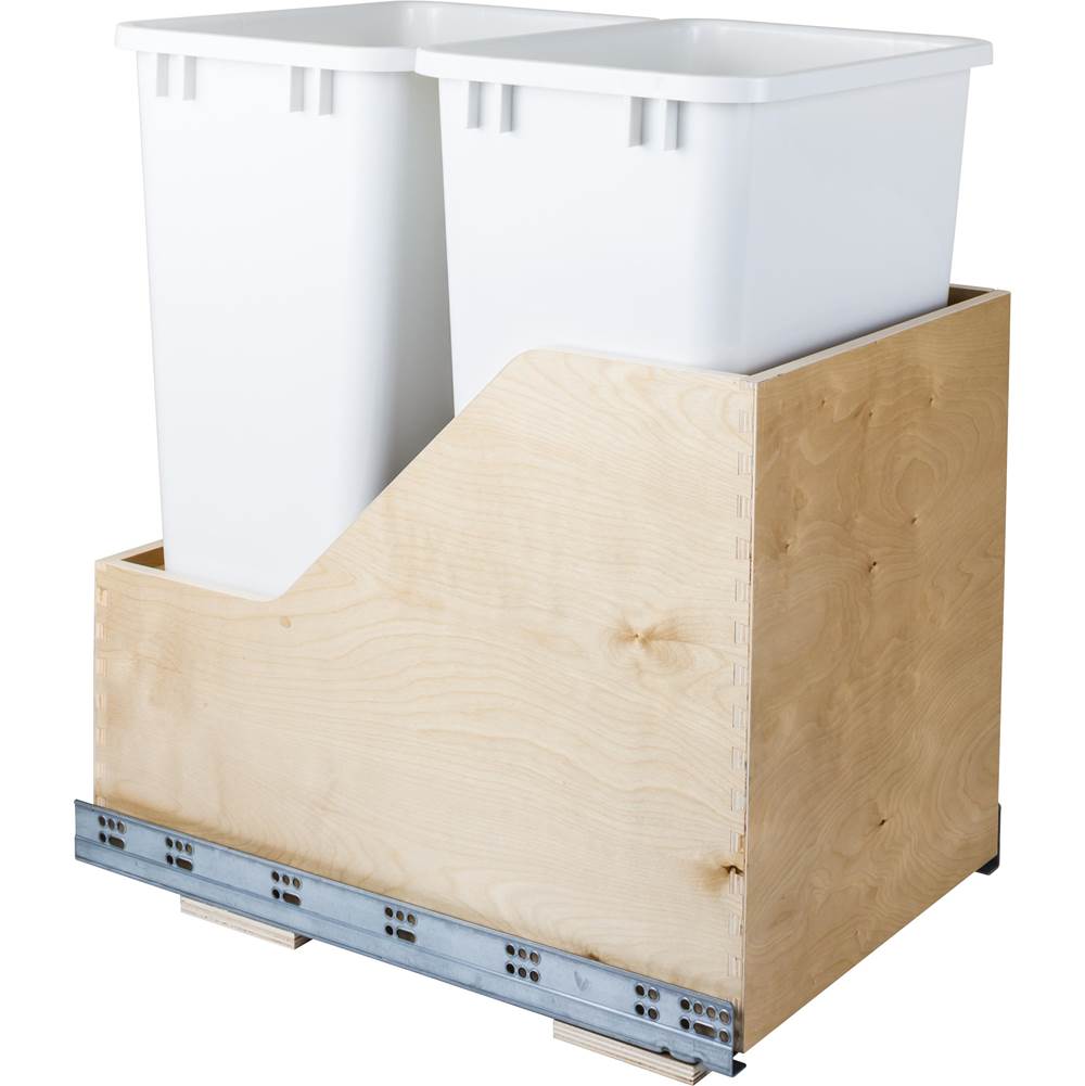 Hardware Resources Double 50 Quart Wood Bottom-Mount Soft-close Trashcan Rollout for Hinged Doors, Includes White Cans