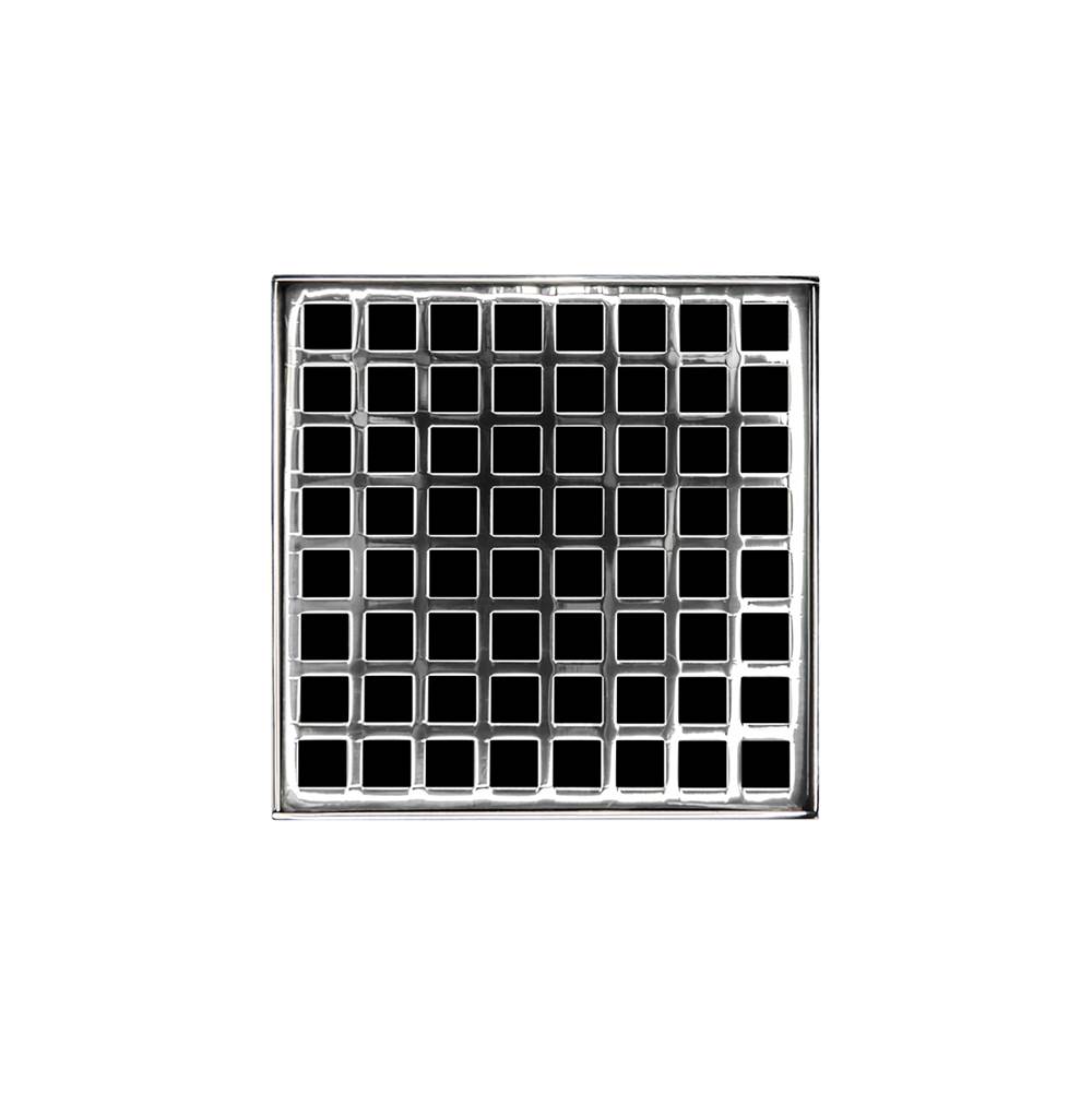 Infinity Drain 5'' x 5'' QD 5 Complete Kit with Squares Pattern Decorative Plate in Polished Stainless with PVC Drain Body, 2'' Outlet