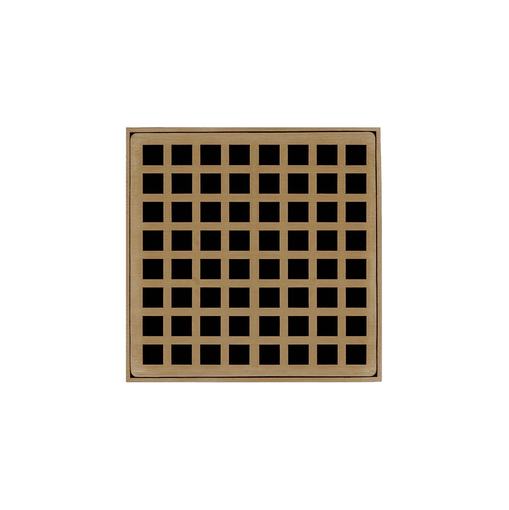Infinity Drain 5'' x 5'' QD 5 Complete Kit with Squares Pattern Decorative Plate in Satin Bronze with PVC Drain Body, 2'' Outlet