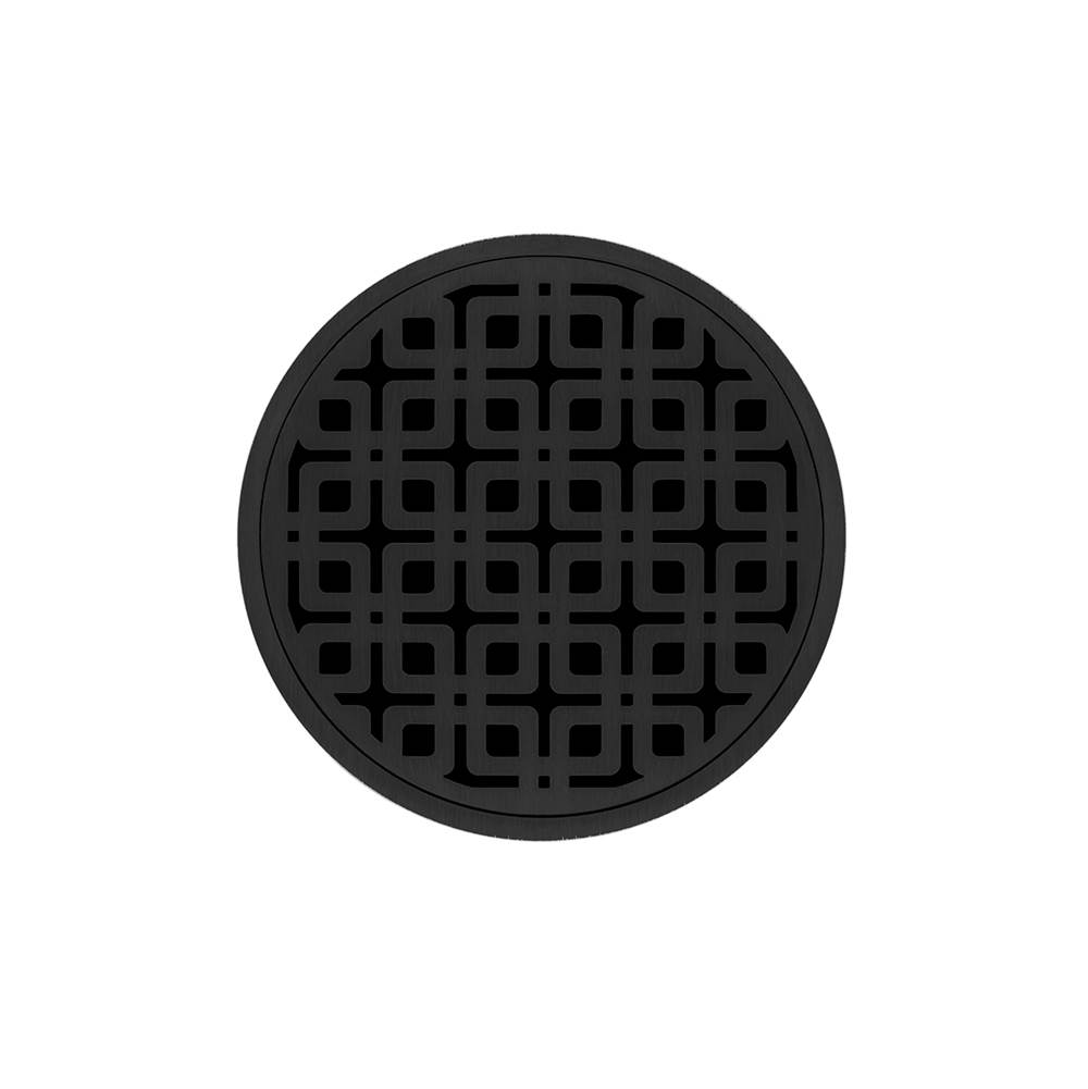 Infinity Drain 5'' Round RKDB 5 Complete Kit with Link Pattern Decorative Plate in Matte Black with PVC Bonded Flange Drain Body, 2'', 3'' and 4'' Outlet