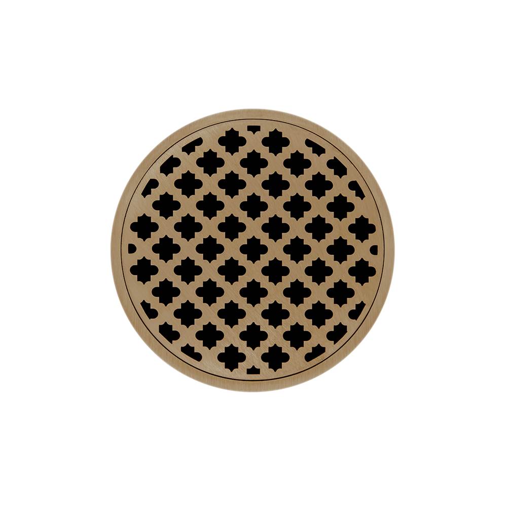 Infinity Drain 5'' Round RMD 5 High Flow Complete Kit with Moor Pattern Decorative Plate in Satin Bronze with Cast Iron Drain Body, 3'' No-Hub Outlet