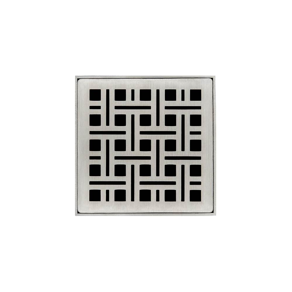 Infinity Drain 4'' x 4'' VDB 4 Complete Kit with Weave Pattern Decorative Plate in Satin Stainless with PVC Bonded Flange Drain Body, 2'', 3'' and 4'' Outlet