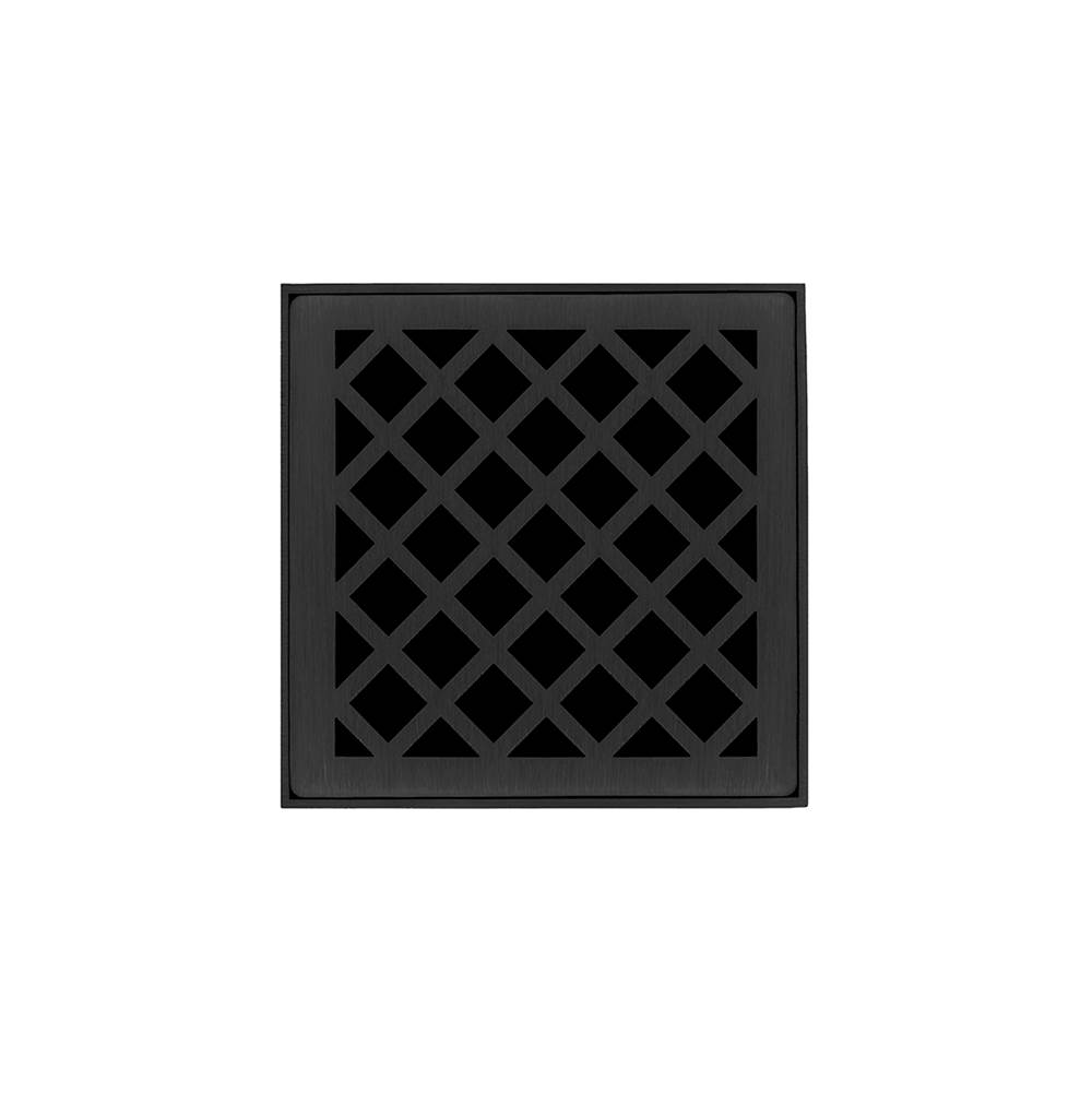 Infinity Drain 4'' x 4'' XD 4 Complete Kit with Criss-Cross Pattern Decorative Plate in Matte Black with Cast Iron Drain Body, 2'' Outlet