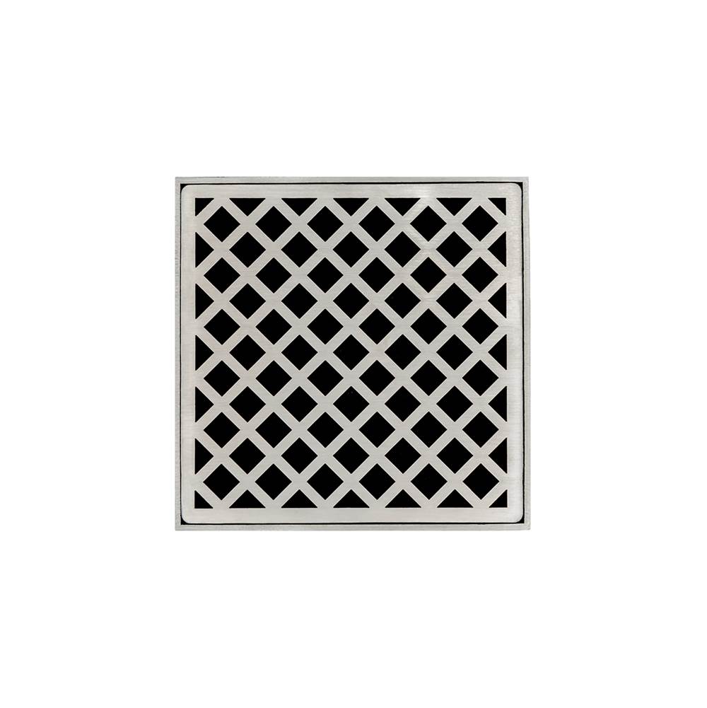 Infinity Drain 5'' x 5'' XD 5 Complete Kit with Criss-Cross Pattern Decorative Plate in Satin Stainless with ABS Drain Body, 2'' Outlet