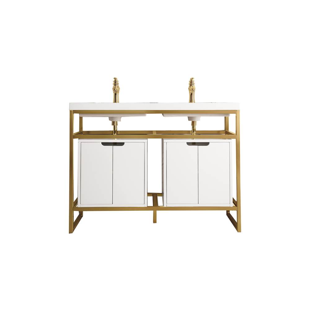 James Martin Vanities Boston 47'' Stainless Steel Sink Console (Double Basins), Radiant Gold w/ Glossy White Storage Cabinet, White Glossy Composite Countertop