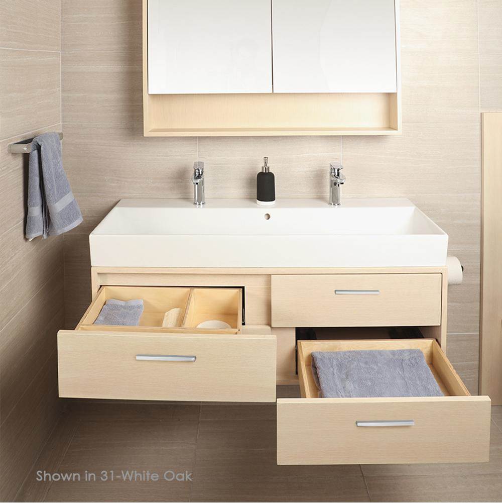 Lacava Wall-mount under-counter vanity with four push-open drawers adorned with metal inserts and equipped with drawer organizers.
