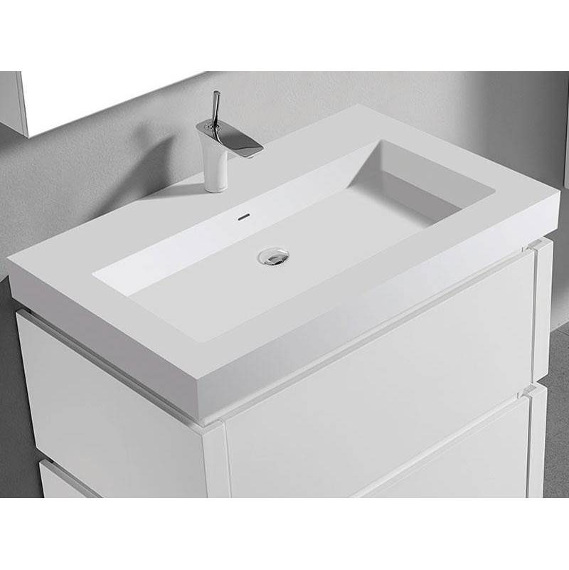 Madeli 22''D-Trough 36''W Solid Surface , Sink. Glossy White, 8'' Widespread. W/Overflow, Basin Depth: 5-3/4'', 35-7/8'' X 22-1/8'' X 4-1/2''