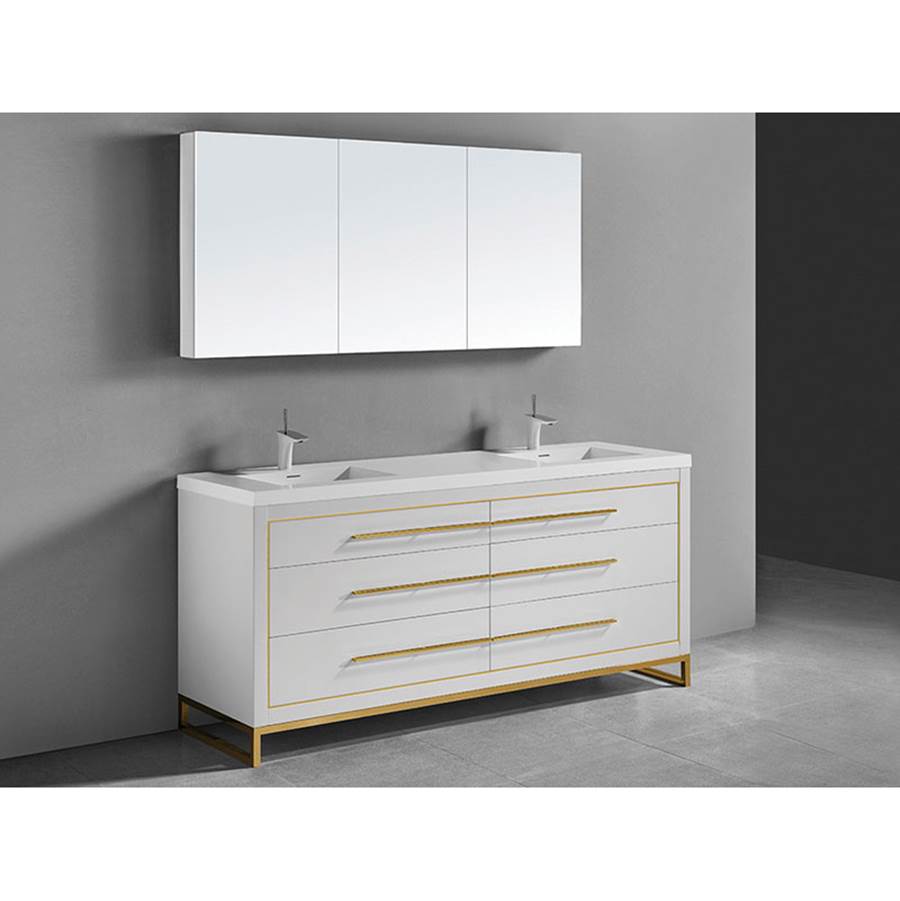 Madeli Estate 72''. White, Free Standing Cabinet.2-Bowls, Brushed Nickel, Handles(X6)/S-Legs(X2)/Inlay, 71-5/8''X 22''X33-1/2''