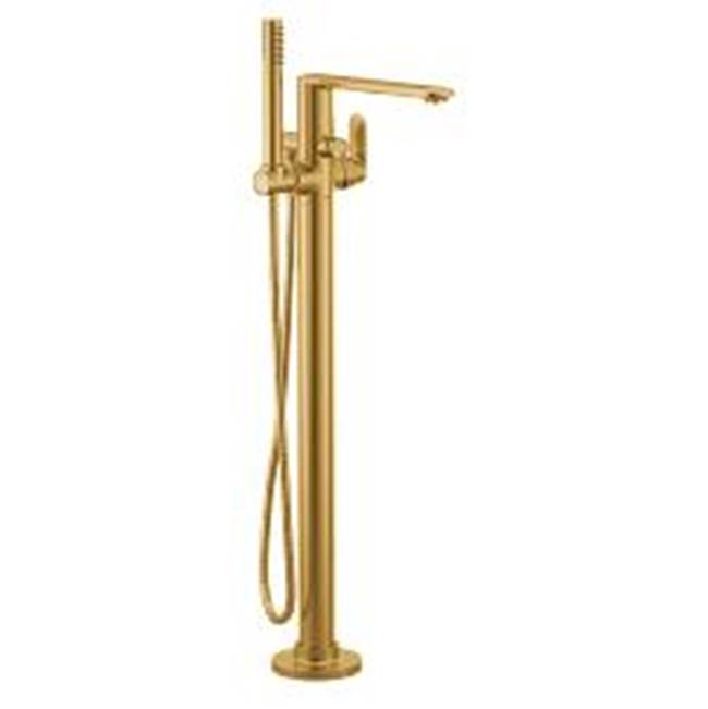 Moen Brushed gold one-handle tub filler includes hand shower