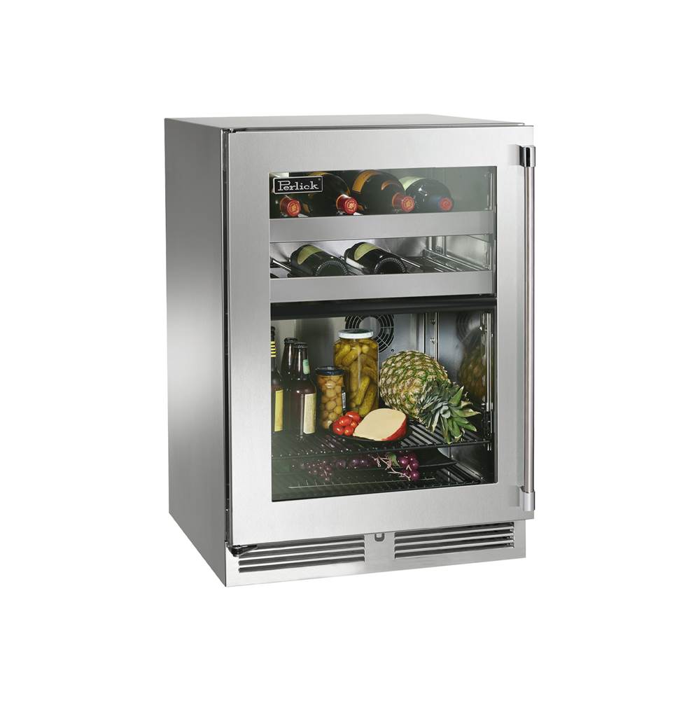 Perlick 24'' Signature Series Marine Grade Dual-Zone Refrigerator/Wine Reserve w/ stainless steel glass door, hinge left, w/ lock