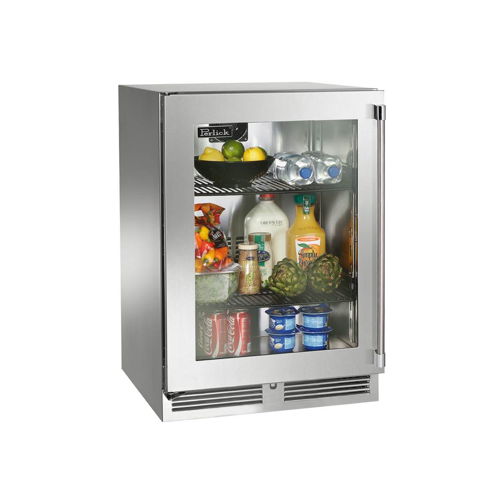 Perlick 24'' Signature Series Marine Grade Refrigerator w/ stainless steel glass door, hinge right