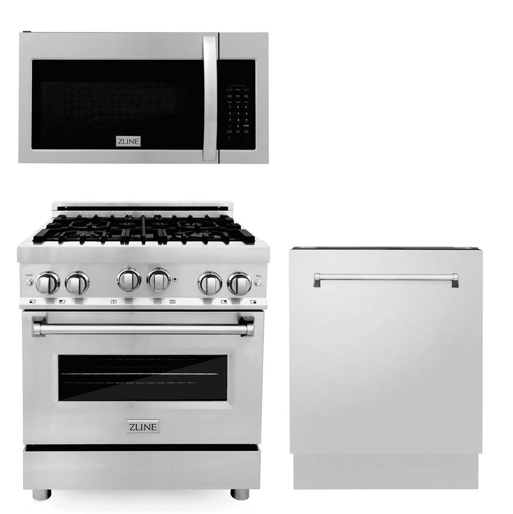 Z-Line 30'' Kitchen Package with Stainless Steel Gas Range, Modern Over The Range Microwave and Tall Tub Dishwasher