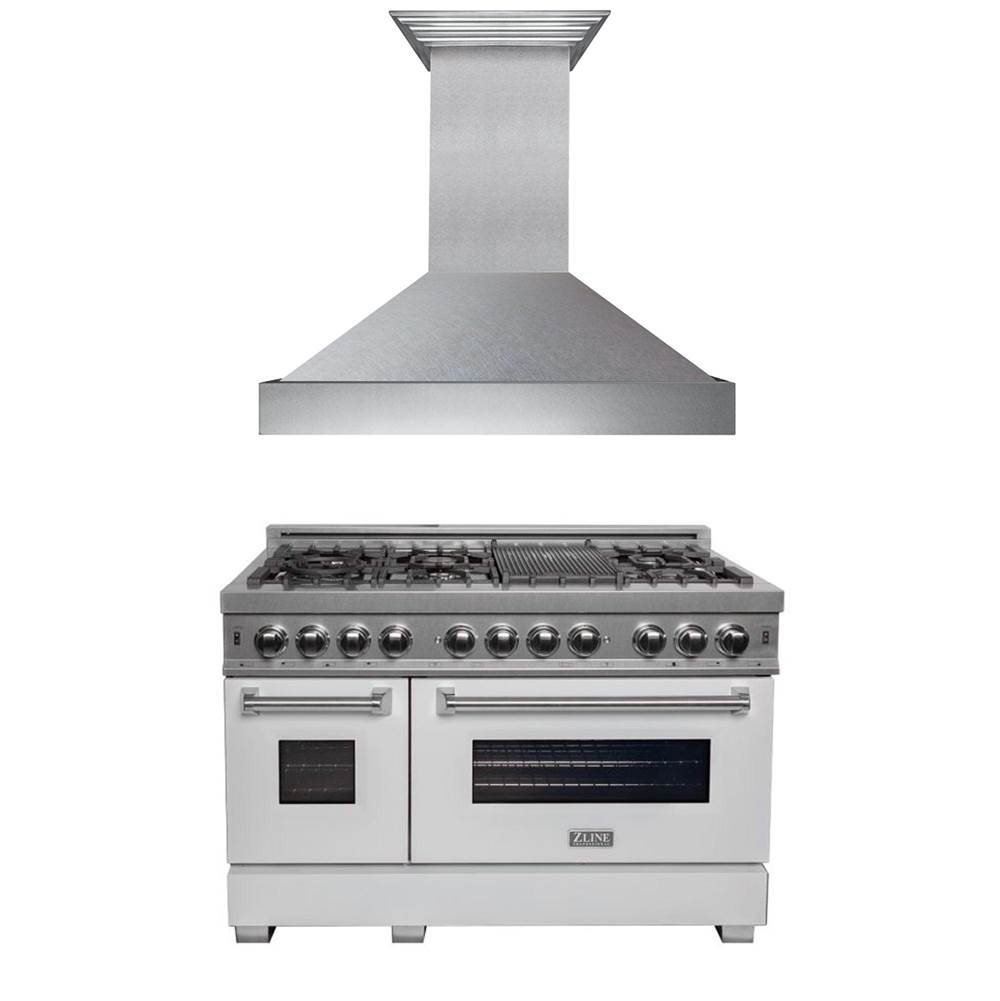 Z-Line 48'' Kitchen Package with DuraSnow Stainless Steel Dual Fuel Range with White Matte Door and Convertible Vent Range Hood