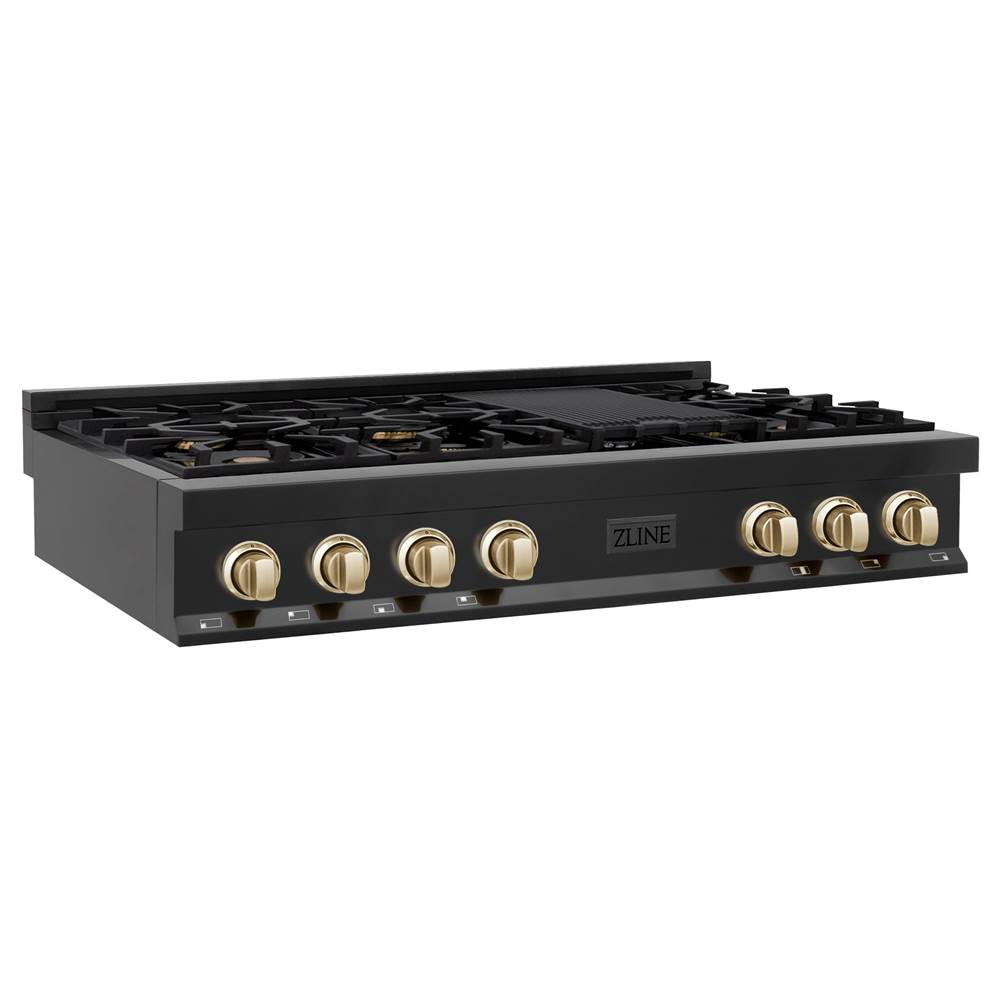 Z-Line Autograph Edition 48'' Porcelain Rangetop with 7 Gas Burners in Black Stainless Steel and Gold Accents